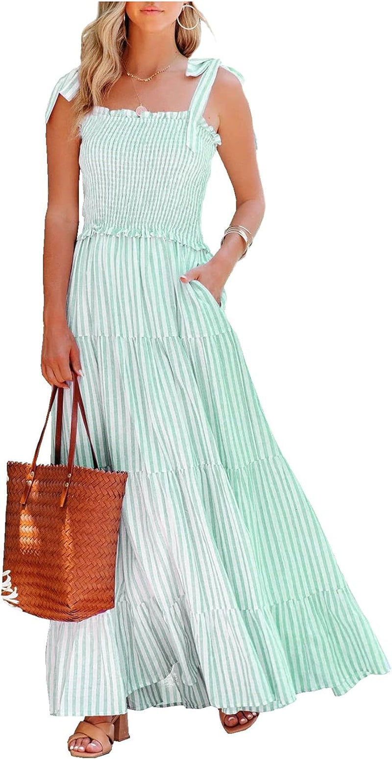 Women'S Summer Cotton Adjustable Straps Boho Stripe Casual Flowy a Line Midi Dress with Pockets