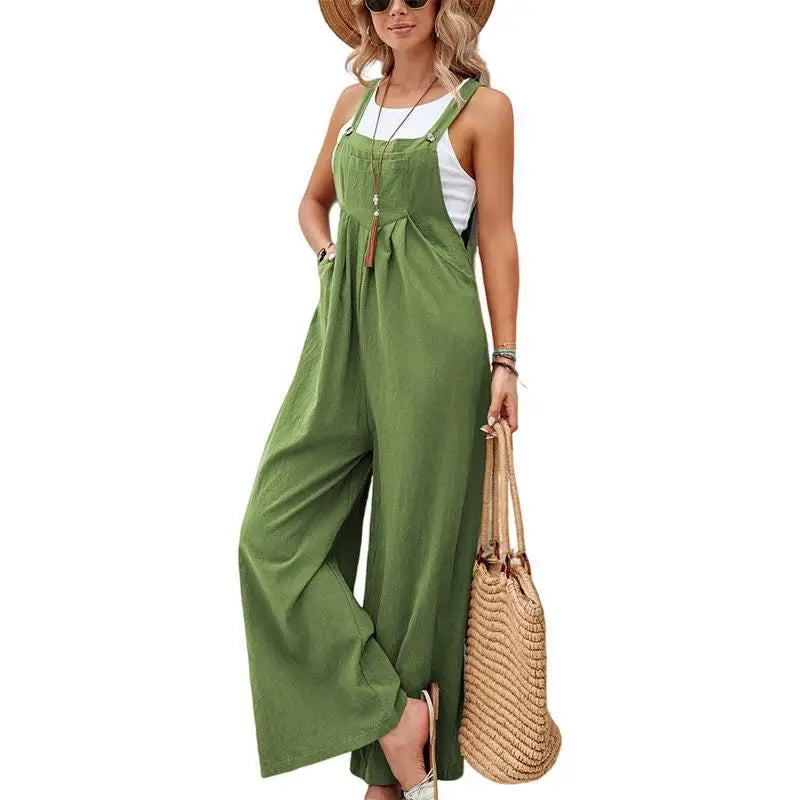 Summer Trendy New Pants Women Cotton Casual Jumpsuit Solid Multi-Color Wide Leg Straight Pants Office Lady'S All-Match Trousers